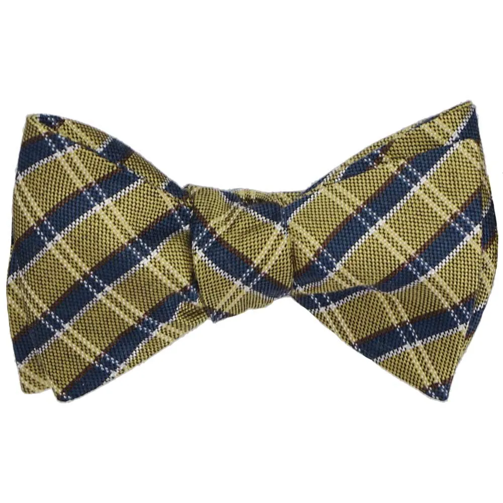 Gold and Navy Blue Engineer Plaid Wool/Silk Self-Tie Bow Tie sold by TieMart product image thumbnail 2