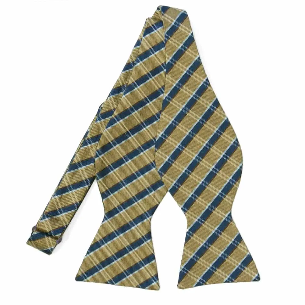 Gold and Navy Blue Engineer Plaid Wool/Silk Self-Tie Bow Tie sold by TieMart
