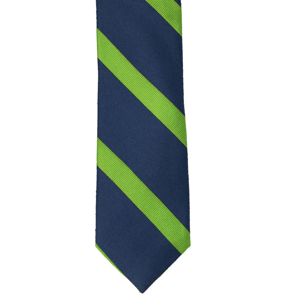 Navy Blue and Grass Green Striped Cotton/Silk Slim Necktie, 2.5" Width sold by TieMart product image thumbnail 2