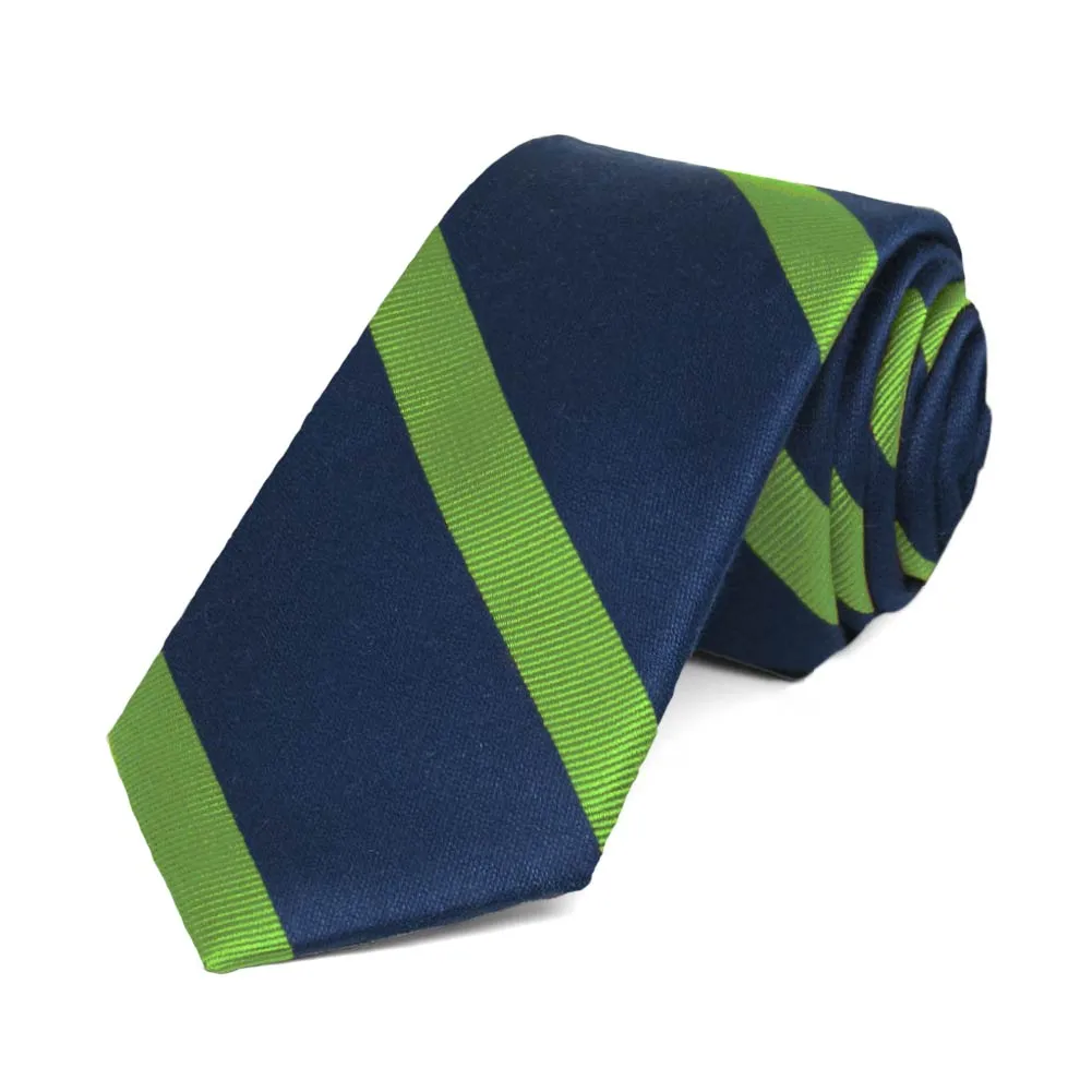 Navy Blue and Grass Green Striped Cotton/Silk Slim Necktie, 2.5" Width sold by TieMart