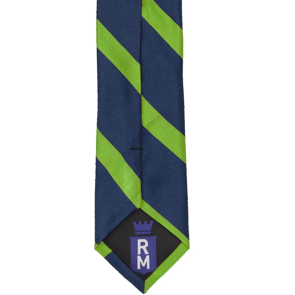 Navy Blue and Grass Green Striped Cotton/Silk Slim Necktie, 2.5" Width sold by TieMart product image thumbnail 4