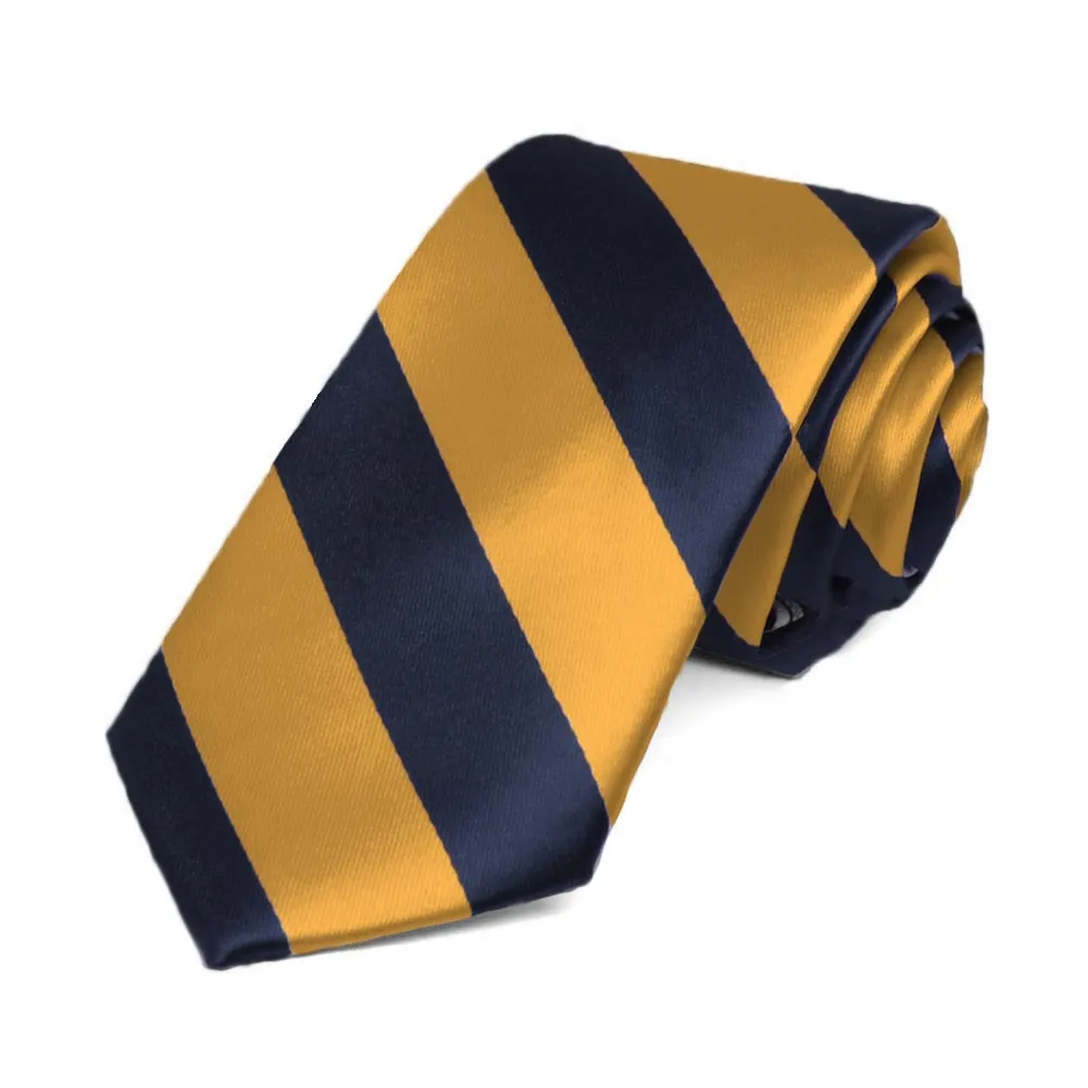 Navy Blue and Gold Bar Striped Slim Tie, 2.5" Width sold by TieMart