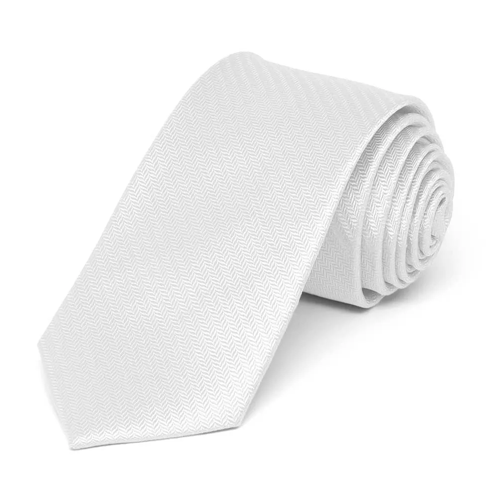 White Herringbone Silk Slim Necktie, 2.5" Width sold by TieMart