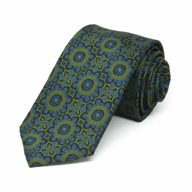 Avocado Green Emma Floral Pattern Slim Necktie, 2.5" Width sold by TieMart