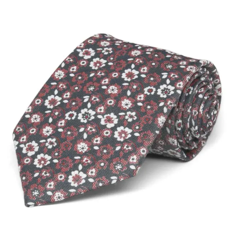 Crimson Red and White Monarch Floral Cotton/Silk Extra Long Necktie sold by TieMart