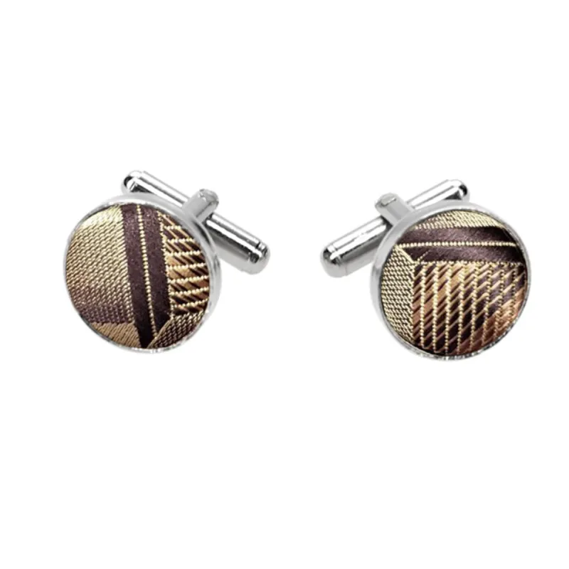 Champagne Beige Plaid Fabric Cufflinks made by TieMart