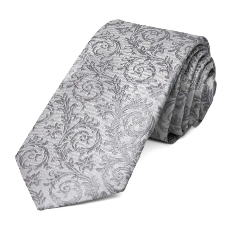 Light Silver Groom Floral Silk Slim Necktie, 2.5" Width sold by TieMart