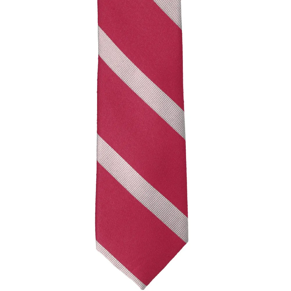 Ruby Red and Silver Striped Cotton/Silk Slim Necktie, 2.5" Width sold by TieMart product image thumbnail 2