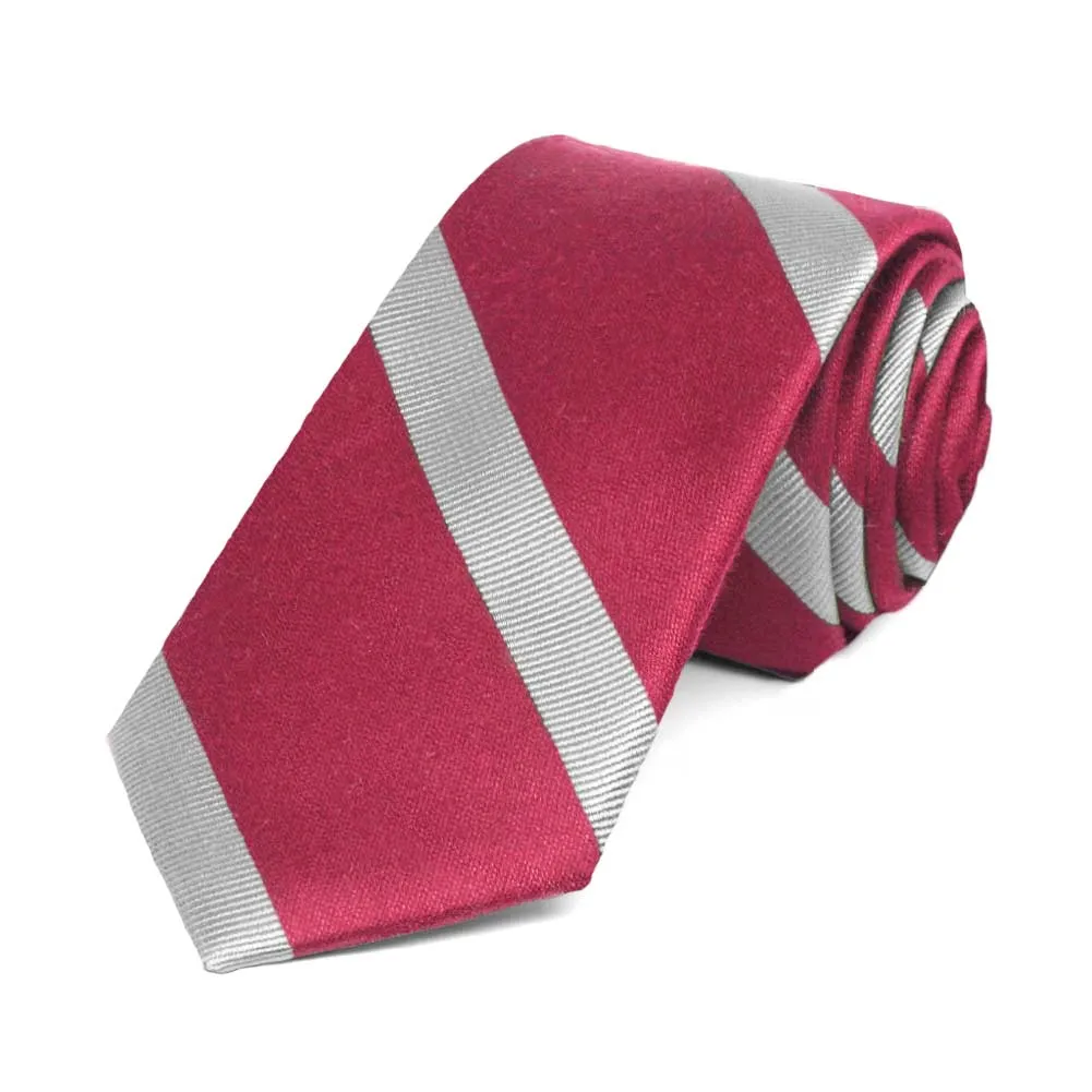 Ruby Red and Silver Striped Cotton/Silk Slim Necktie, 2.5" Width sold by TieMart