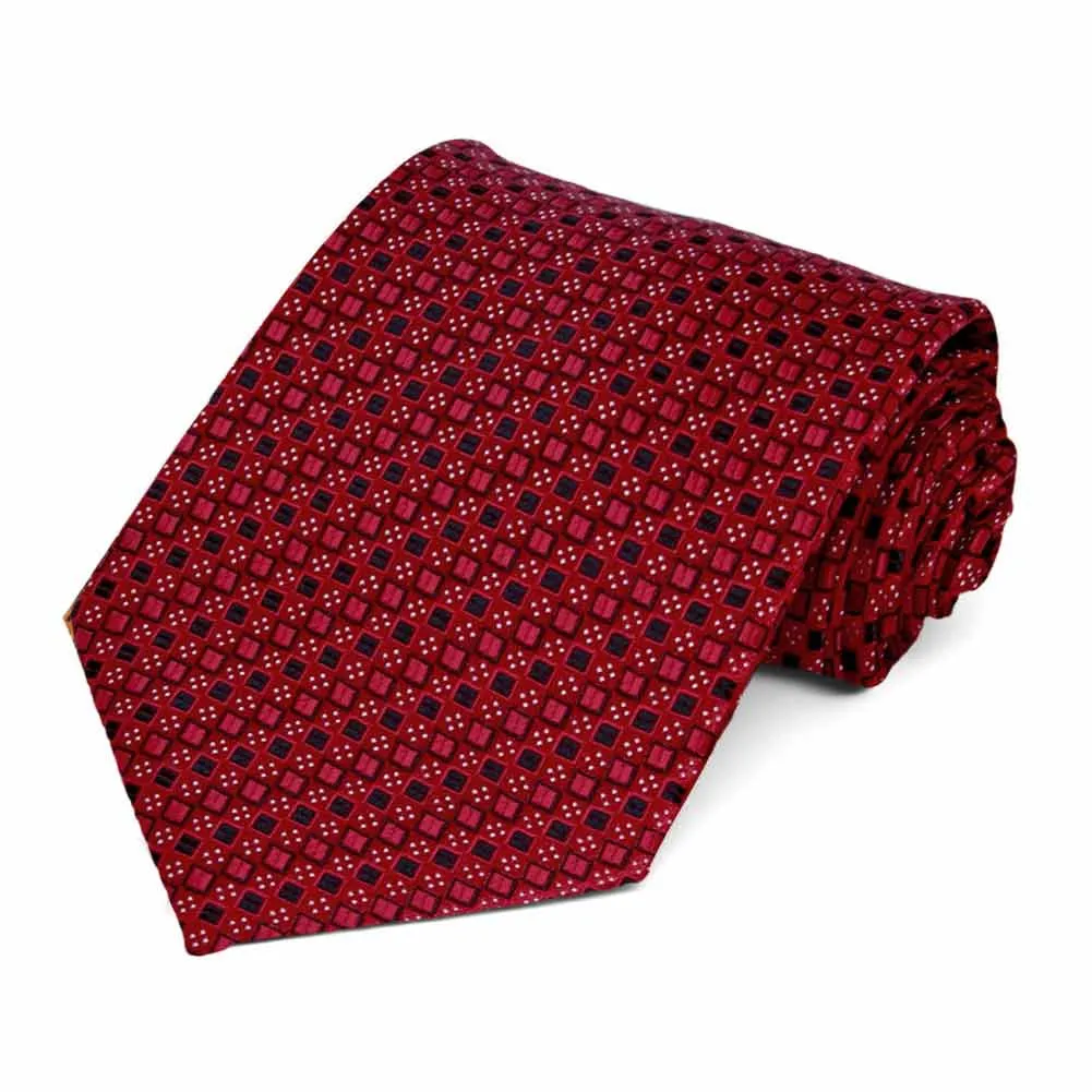 Crimson Red Marie Square Pattern Extra Long Necktie sold by TieMart