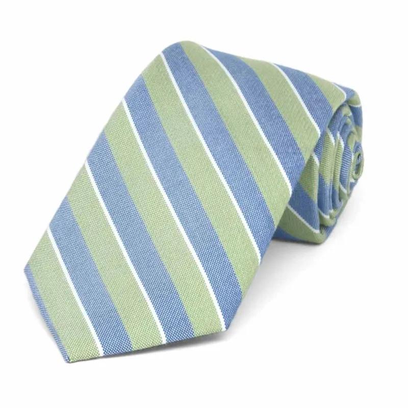 Green and Blue Aristocrat Striped Cotton/Silk Narrow Necktie, 3" Width sold by TieMart
