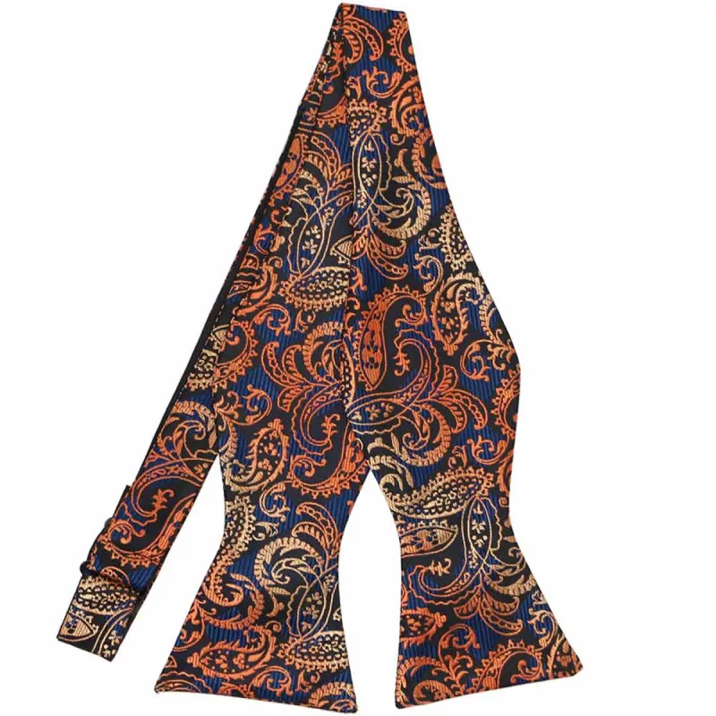 Orange and Dark Blue Victoria Paisley Self-Tie Bow Tie sold by TieMart