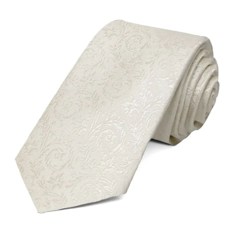Ivory Groom Floral Silk Slim Necktie, 2.5" Width sold by TieMart