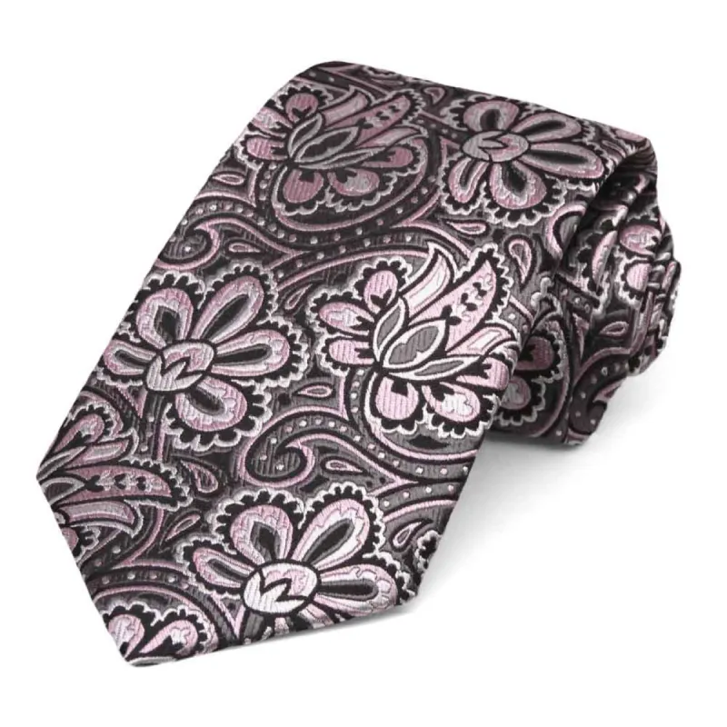 Pink Perennial Floral Silk Narrow Necktie, 3" Width sold by TieMart