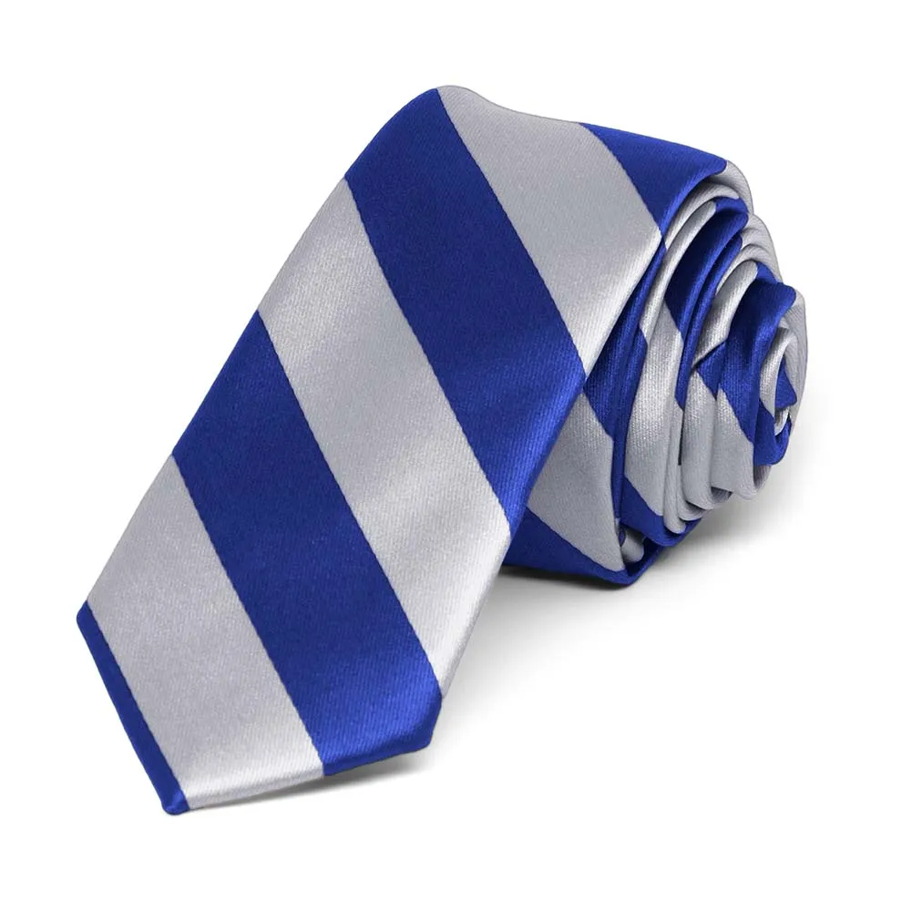 Royal Blue and Silver Striped Skinny Tie, 2" Width sold by TieMart