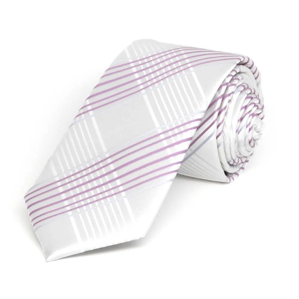 White Jeffrey Plaid Slim Necktie, 2.5" Width sold by TieMart