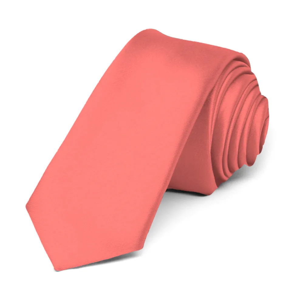Bright Coral Premium Skinny Necktie, 2" Width sold by TieMart