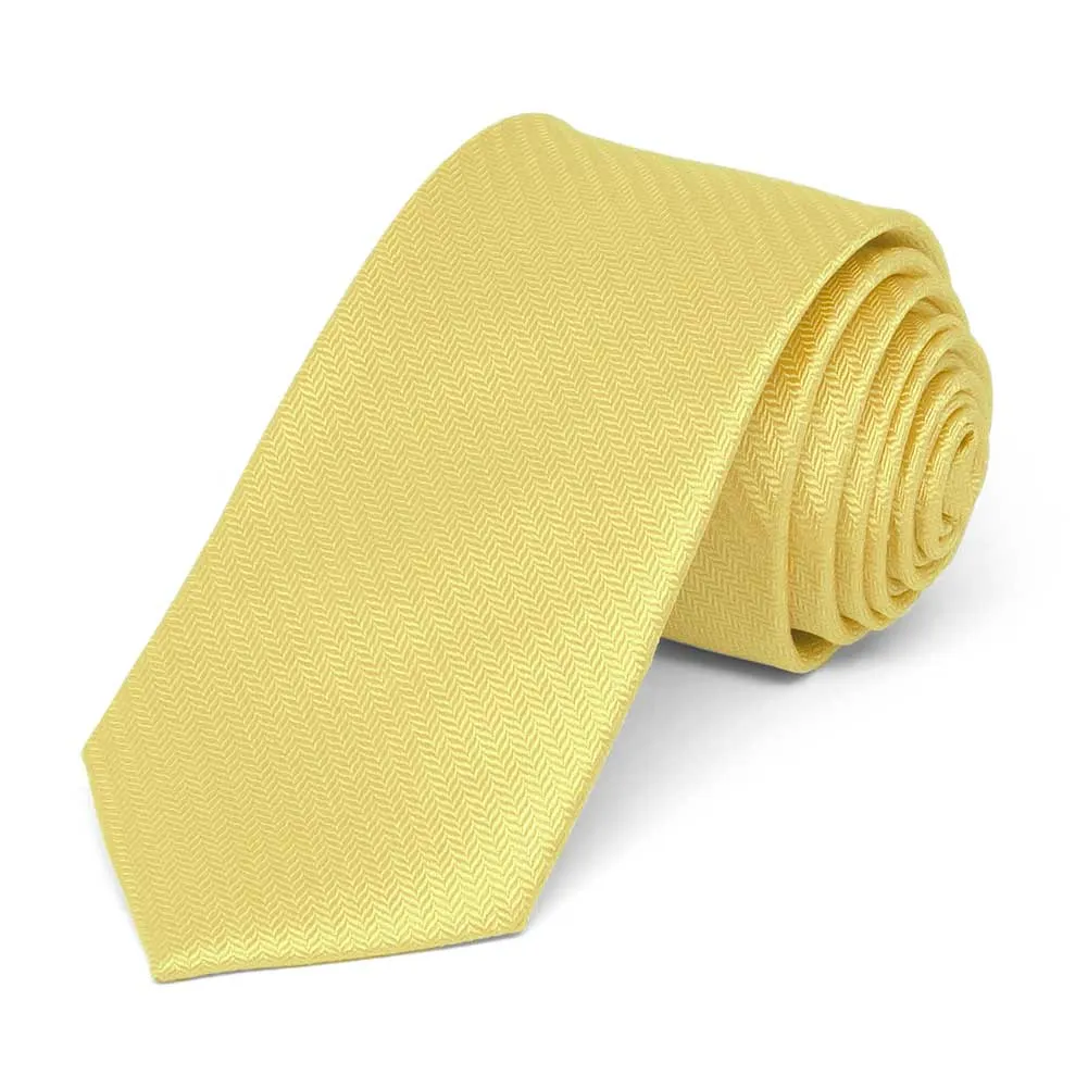 Butter Yellow Herringbone Silk Slim Necktie, 2.5" Width sold by TieMart