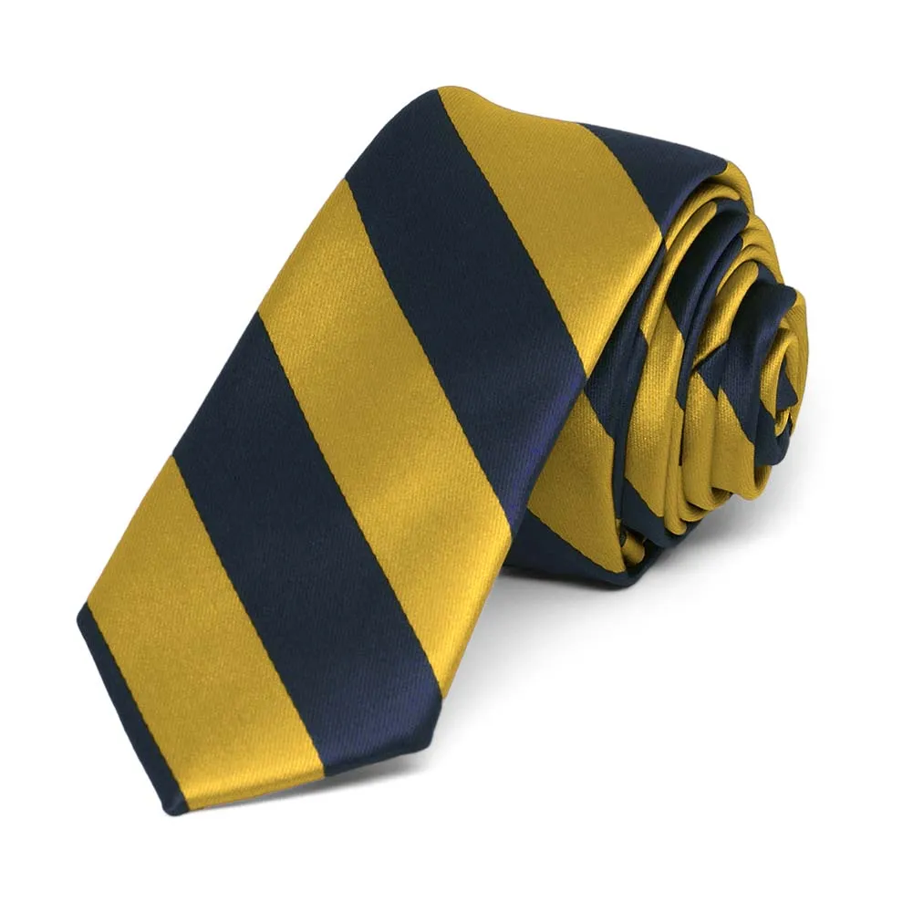 Navy Blue and Gold Striped Skinny Tie, 2" Width sold by TieMart