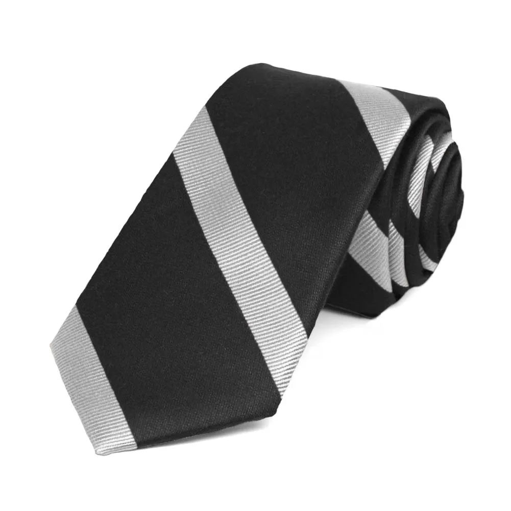 Black and Silver Striped Cotton/Silk Slim Necktie, 2.5" Width sold by TieMart