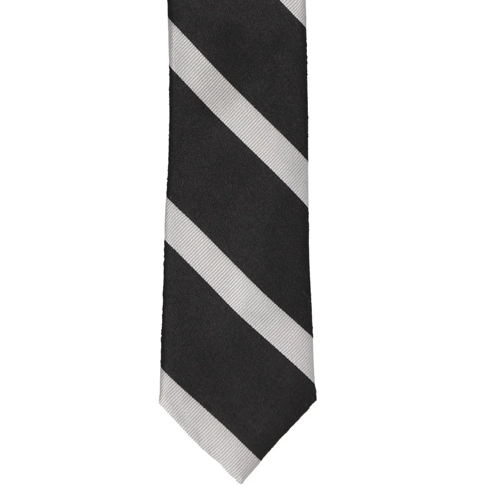 Black and Silver Striped Cotton/Silk Slim Necktie, 2.5" Width sold by TieMart product image thumbnail 2