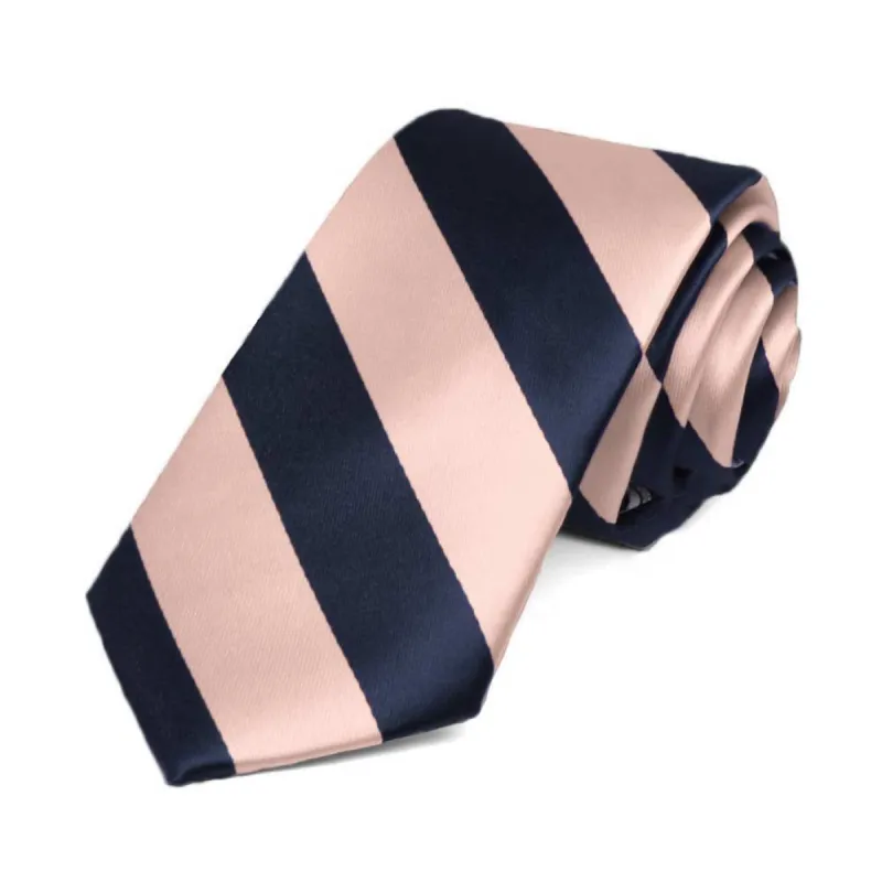 Petal and Navy Blue Striped Slim Tie, 2.5" Width sold by TieMart