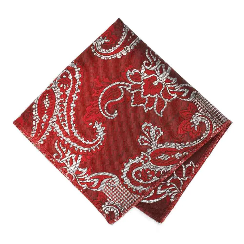 Red and Silver Kilburn Paisley Pocket Square sold by TieMart
