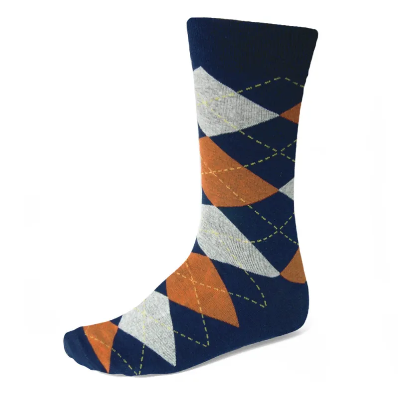 Men's Navy Blue and Burnt Orange Argyle Socks sold by TieMart