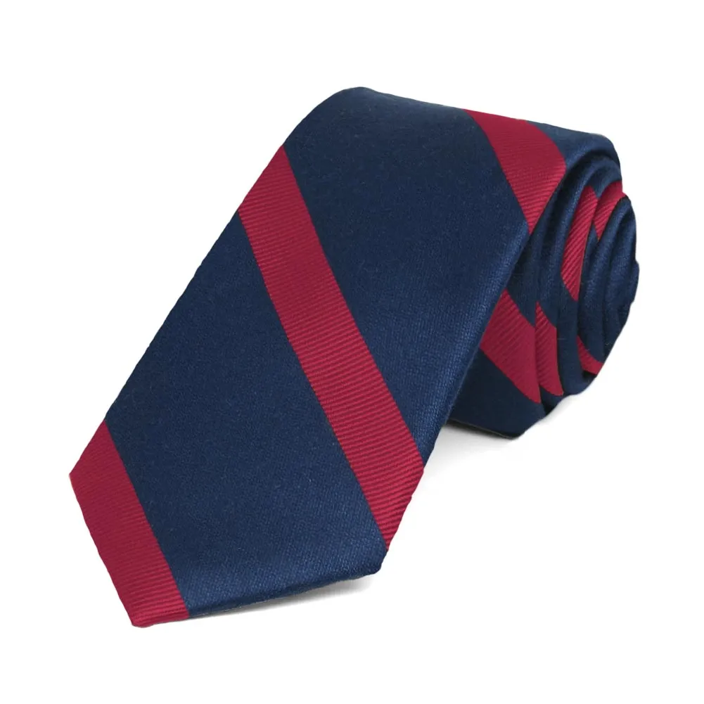 Navy Blue and Red Striped Cotton/Silk Slim Necktie, 2.5" Width sold by TieMart