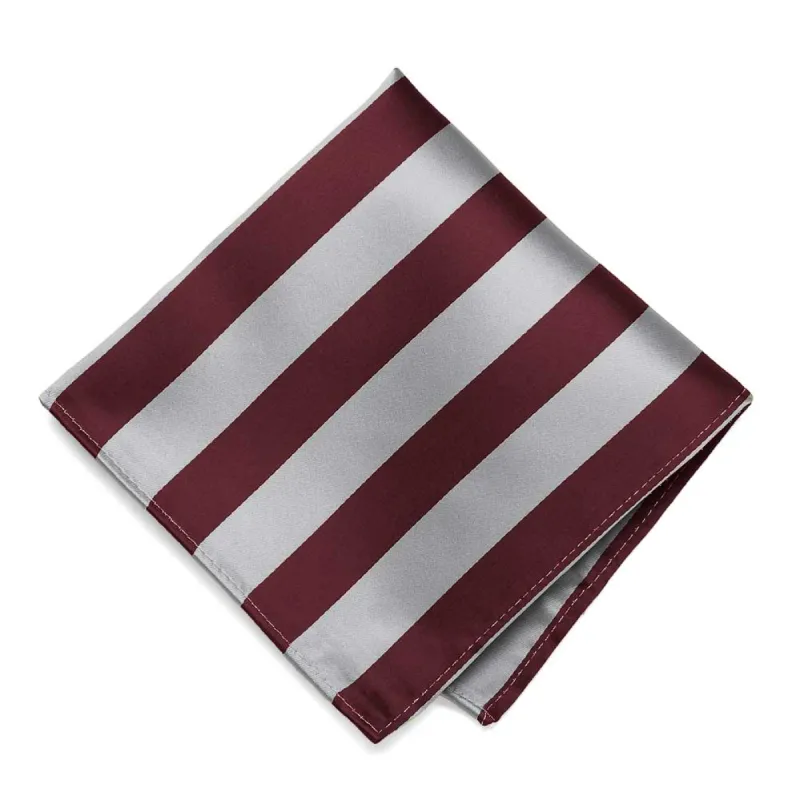 Burgundy and Silver Striped Pocket Square sold by TieMart