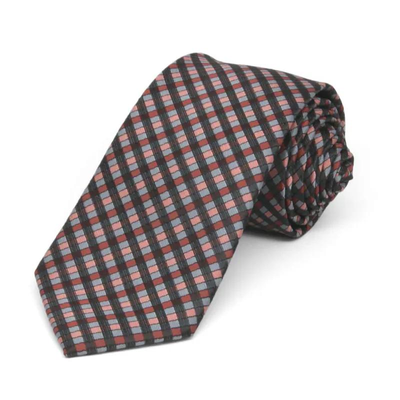 Terracotta George Plaid Slim Necktie, 2.5" Width sold by TieMart