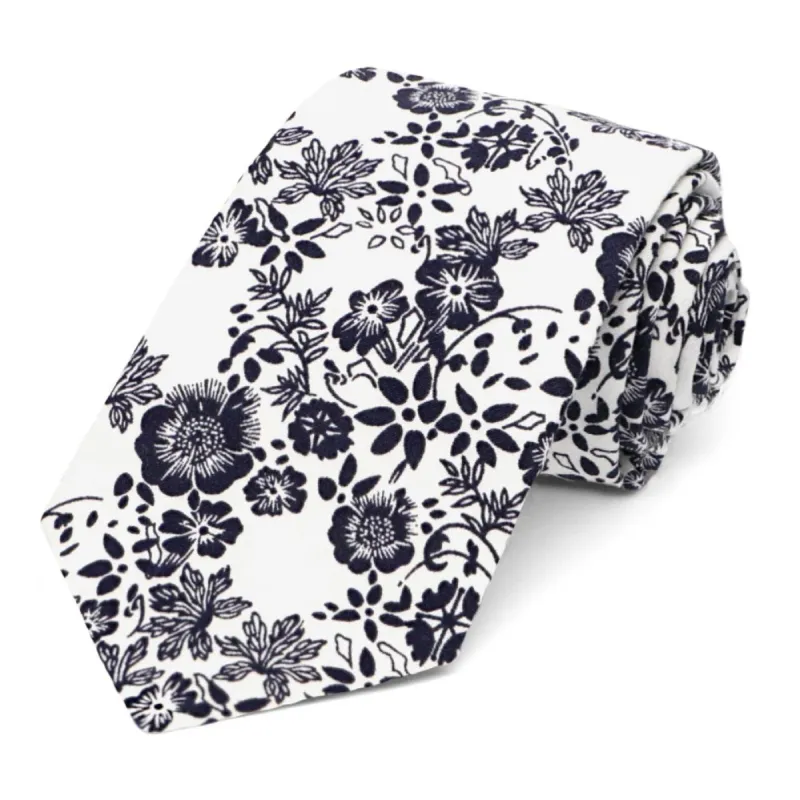 Navy Blue and White Monterey Floral Tie sold by TieMart