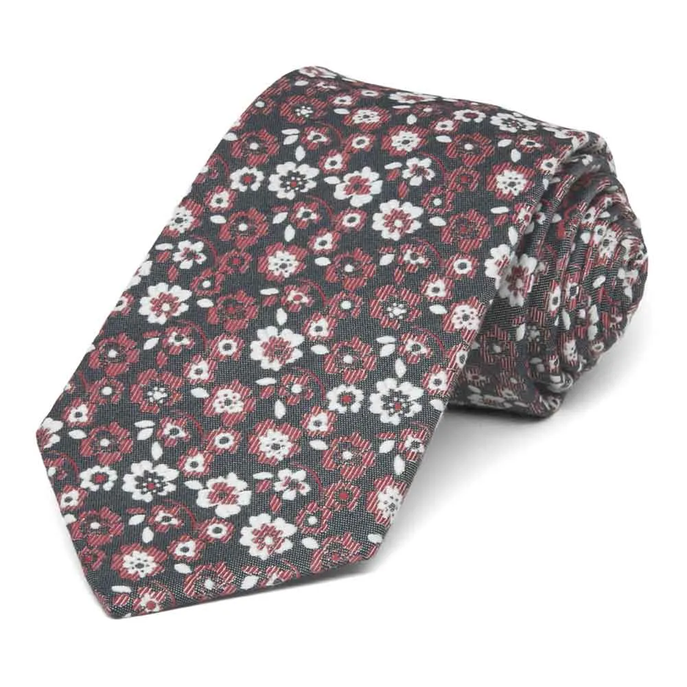 Crimson Red and White Monarch Floral Cotton/Silk Narrow Necktie, 3" Width sold by TieMart