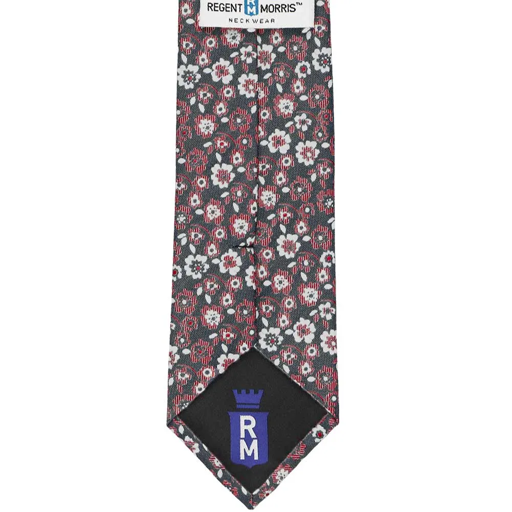 Crimson Red and White Monarch Floral Cotton/Silk Narrow Necktie, 3" Width sold by TieMart product image thumbnail 3