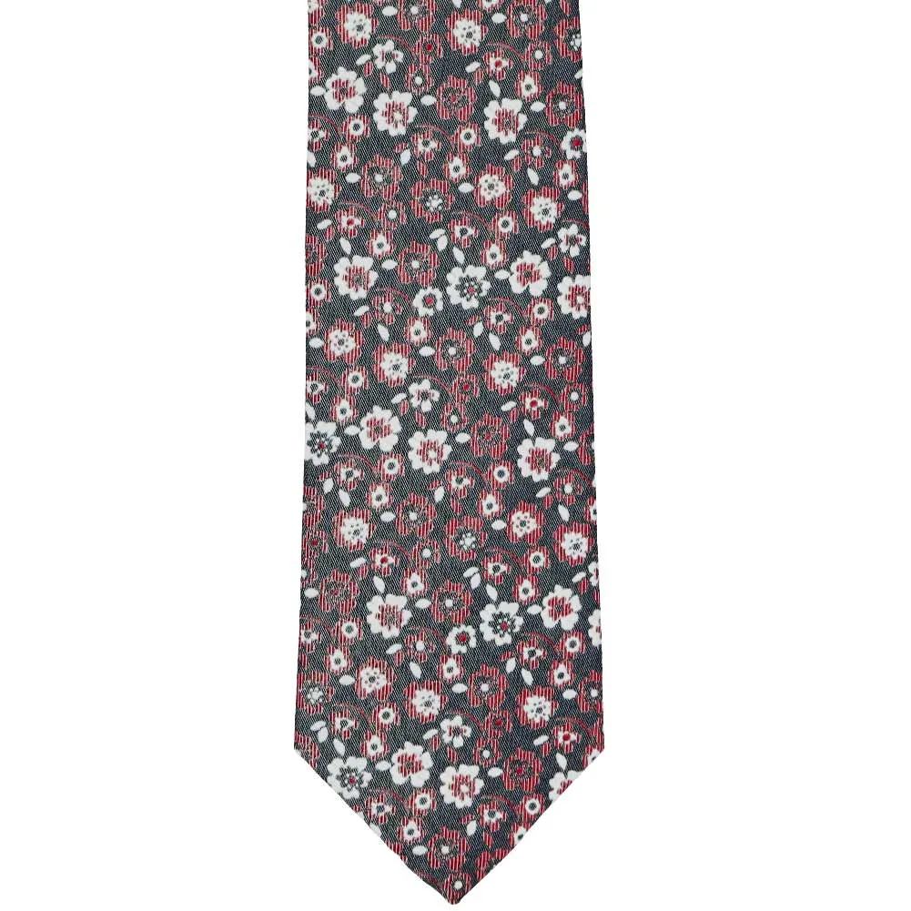 Crimson Red and White Monarch Floral Cotton/Silk Narrow Necktie, 3" Width sold by TieMart product image thumbnail 2