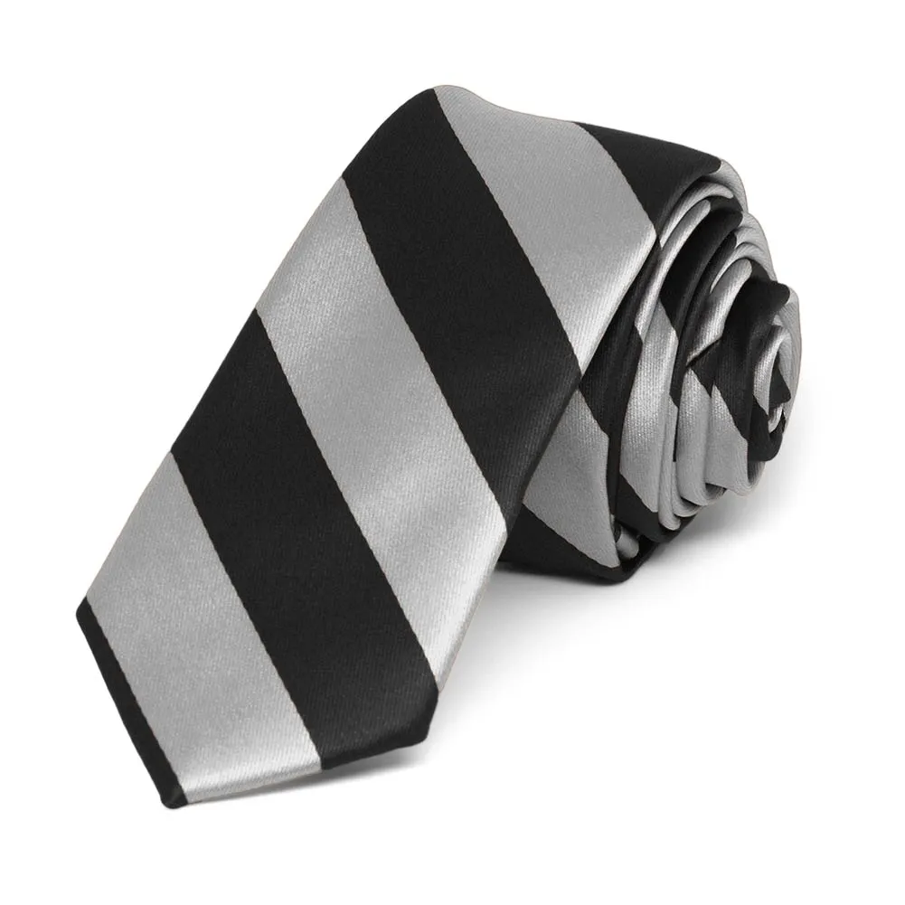Black and Silver Striped Skinny Tie, 2" Width sold by TieMart