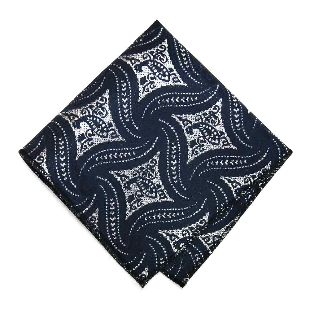 Navy Blue and Silver Chadwick Paisley Pocket Square sold by TieMart