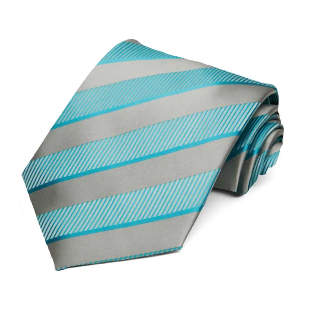 Turquoise and Silver Lancer Striped Necktie sold by TieMart
