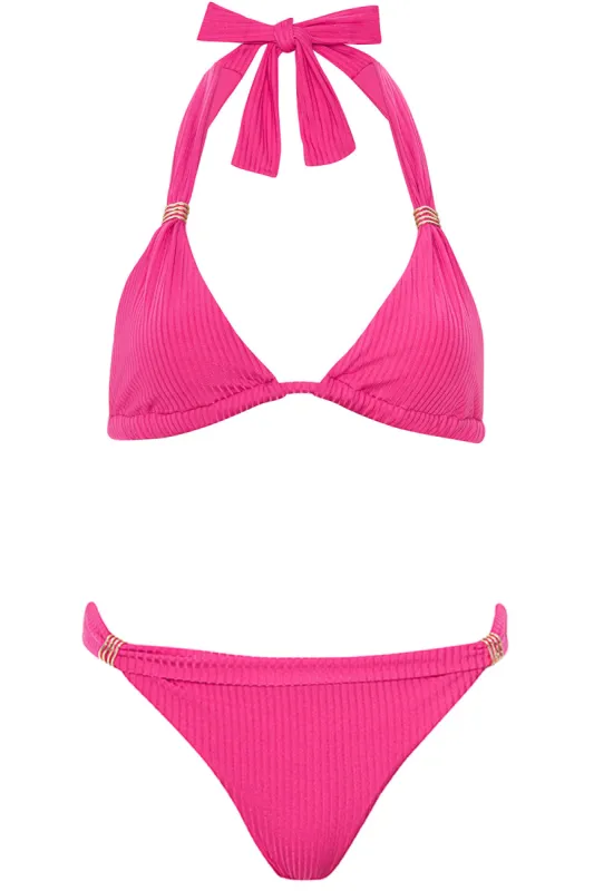Triangle Bikini Shiny Ribbed Magenta Set sold by Vetchy