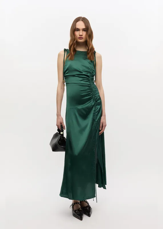 Solid Stretch Satin Gathered Long Dress sold by Denali