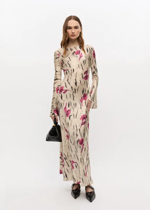 Printed Stretch Satin Long Sleeve Maxi Dress sold by Denali
