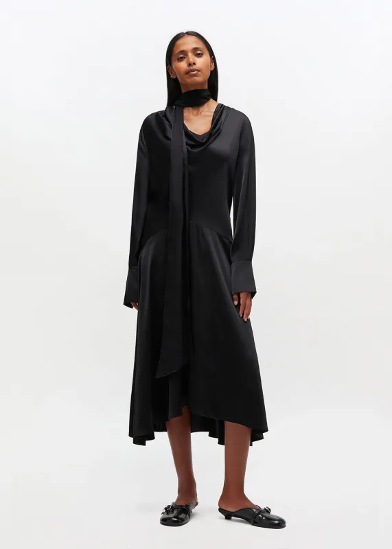 Solid Stretch Satin Cowl Scarf Midi Dress sold by Denali