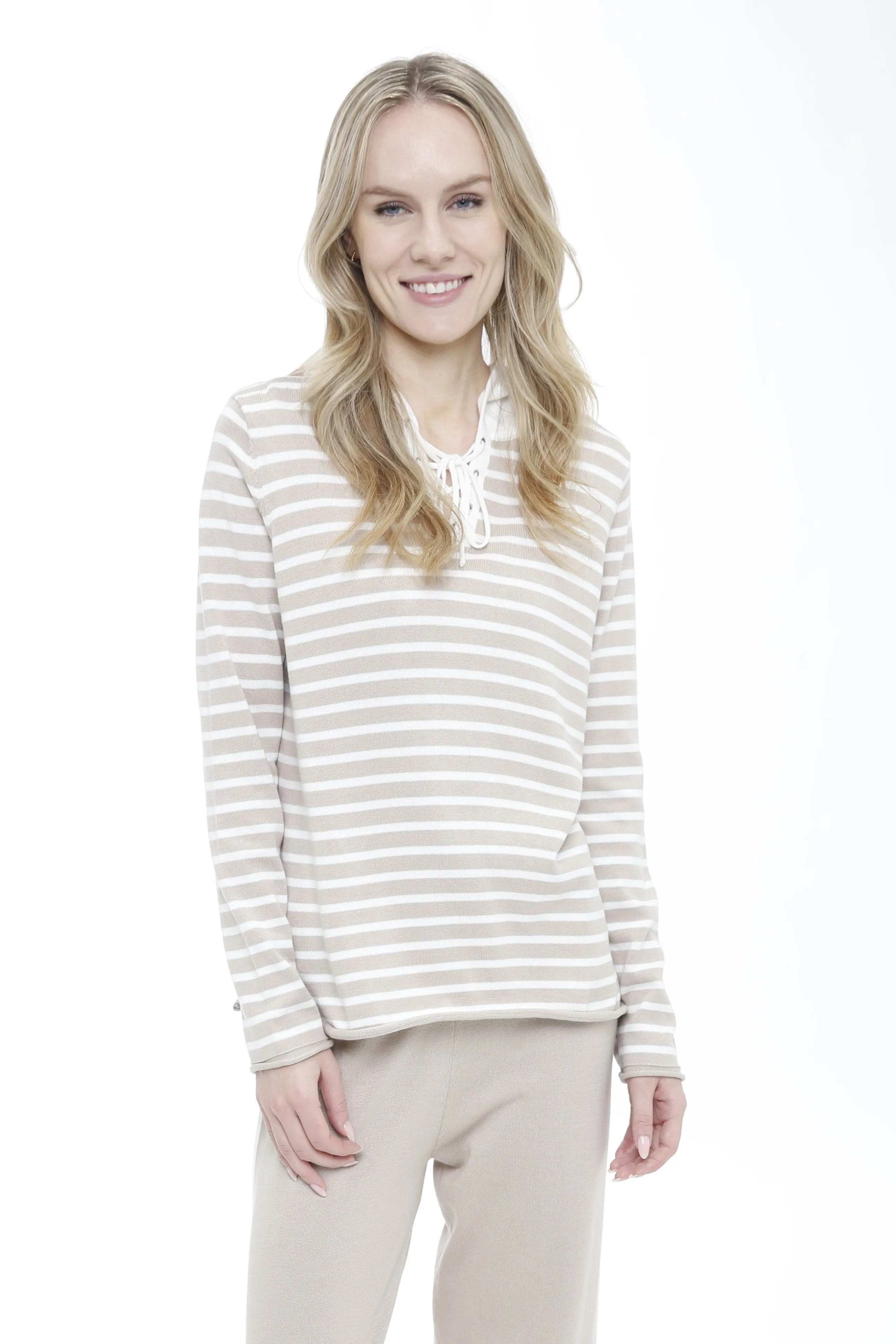 Long Sleeve Striped Lace Up Hooded Pullover sold by In Cashmere product image thumbnail 4