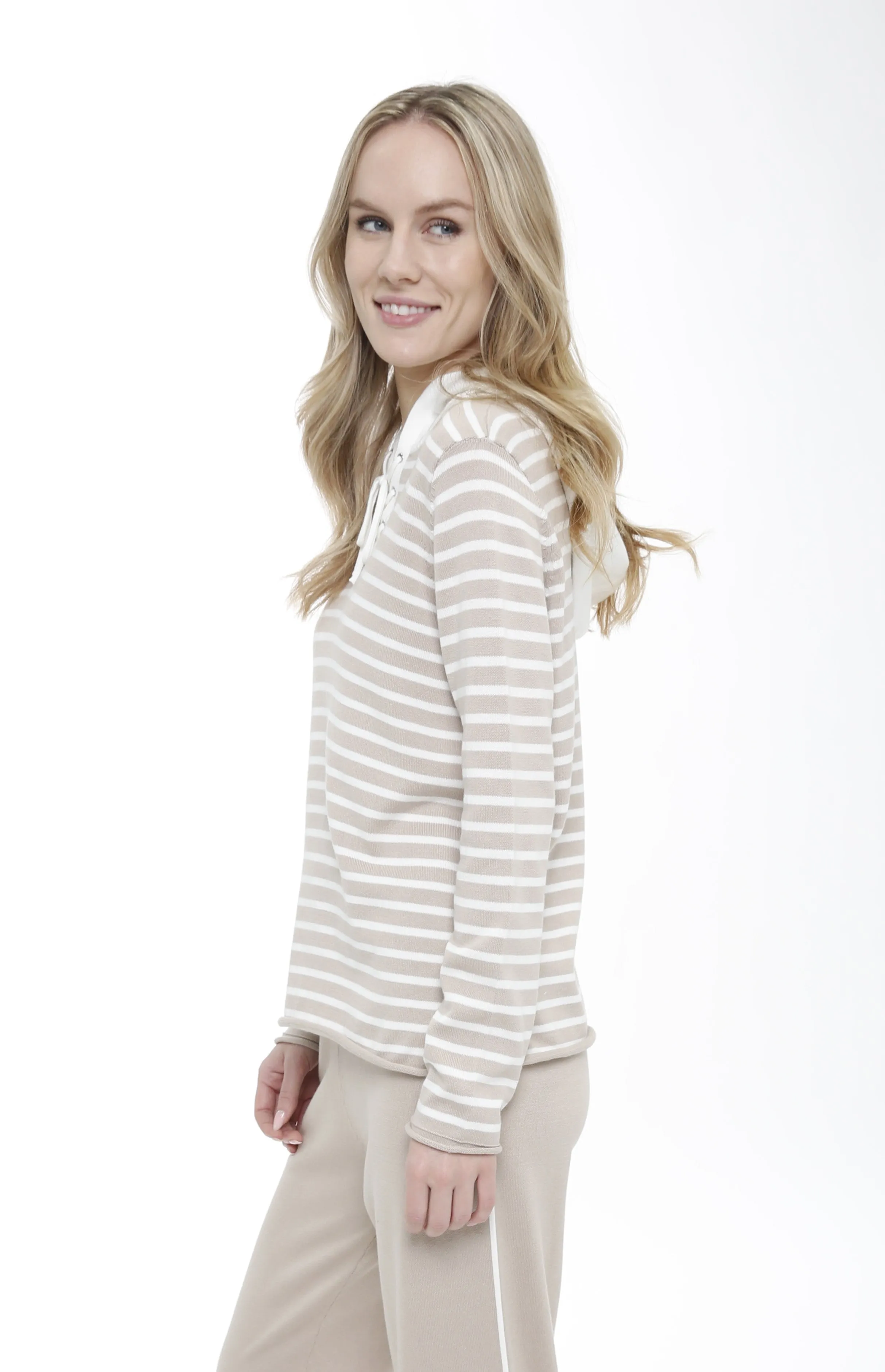 Long Sleeve Striped Lace Up Hooded Pullover sold by In Cashmere product image thumbnail 5