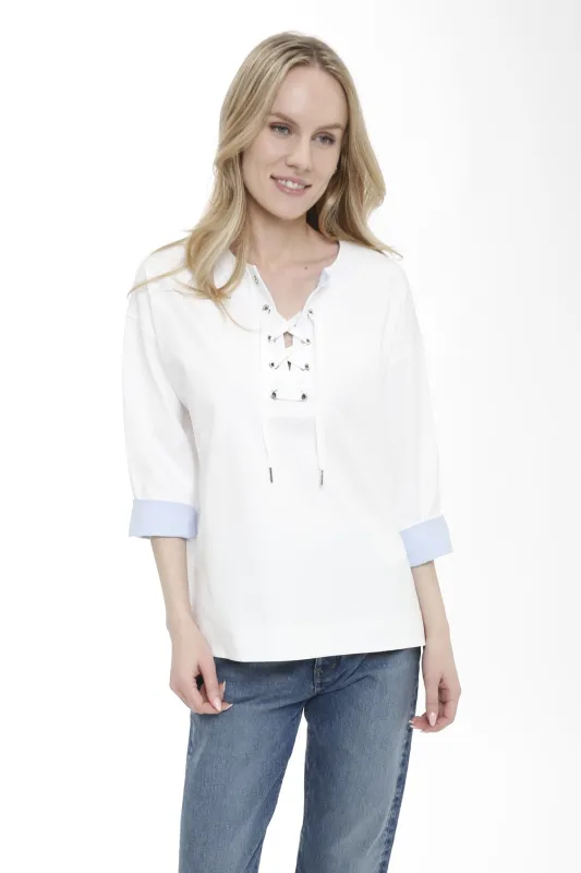 Cotton Interlock Lace Up Top with Woven Details made by In Cashmere