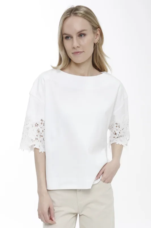 Cotton Interlock Boat Neck with Lace Sleeve made by In Cashmere