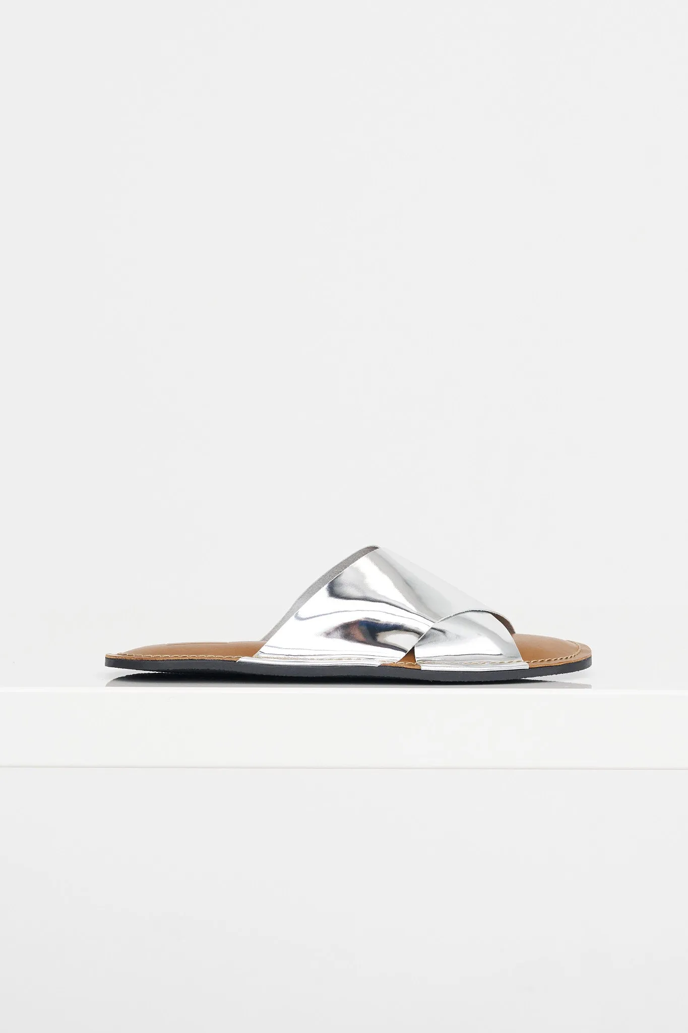Flat Sandal, Silver sold by Kick Pleat