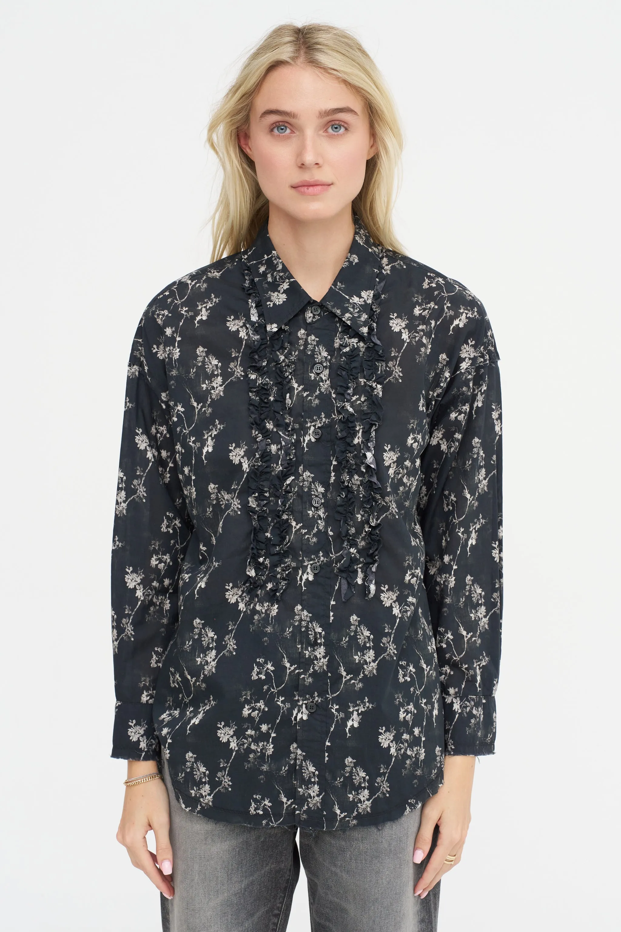 Shredded Seam Ruffle Shirt, Floral on Black sold by Kick Pleat product image thumbnail 3