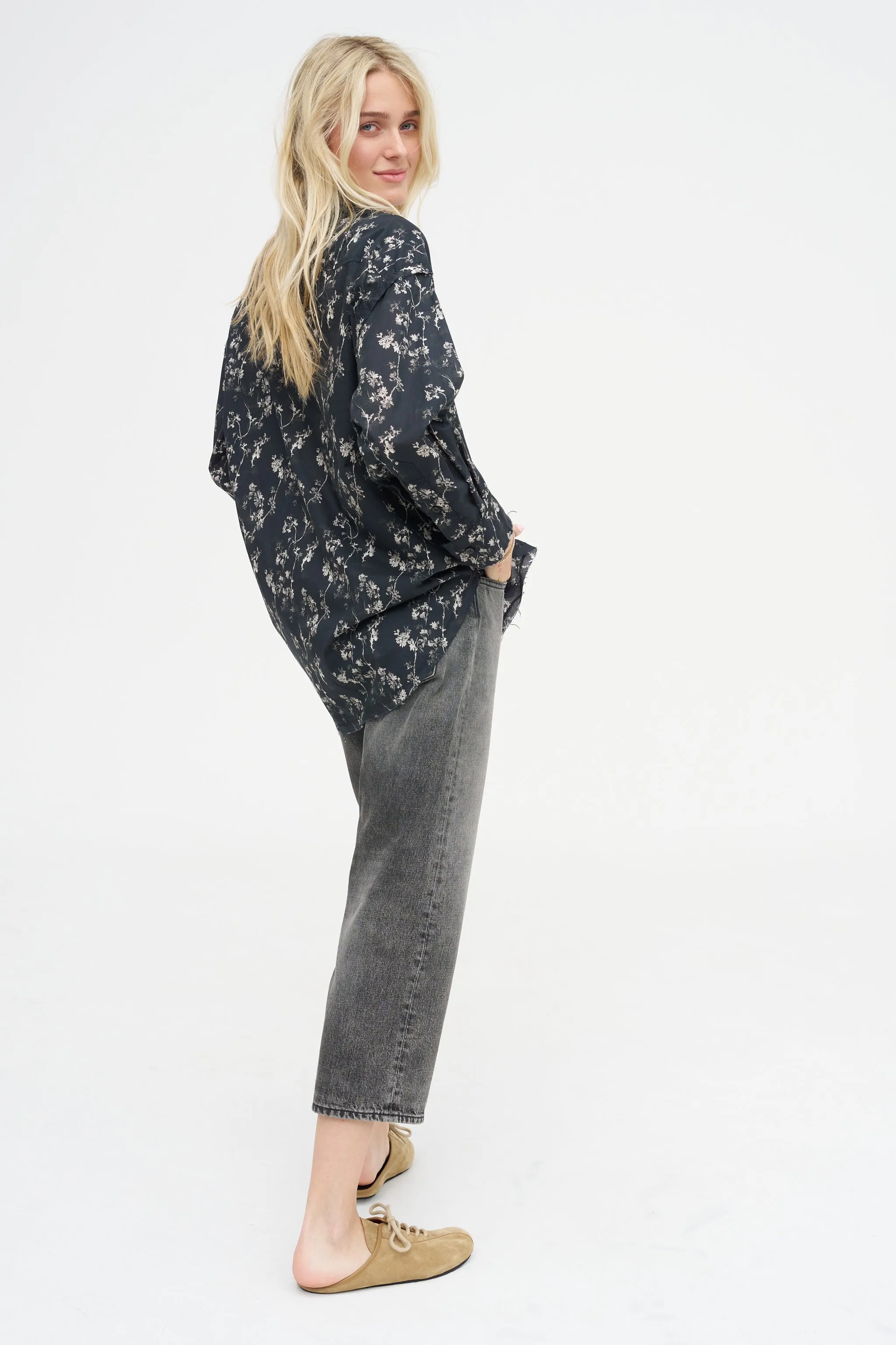 Shredded Seam Ruffle Shirt, Floral on Black sold by Kick Pleat product image thumbnail 2