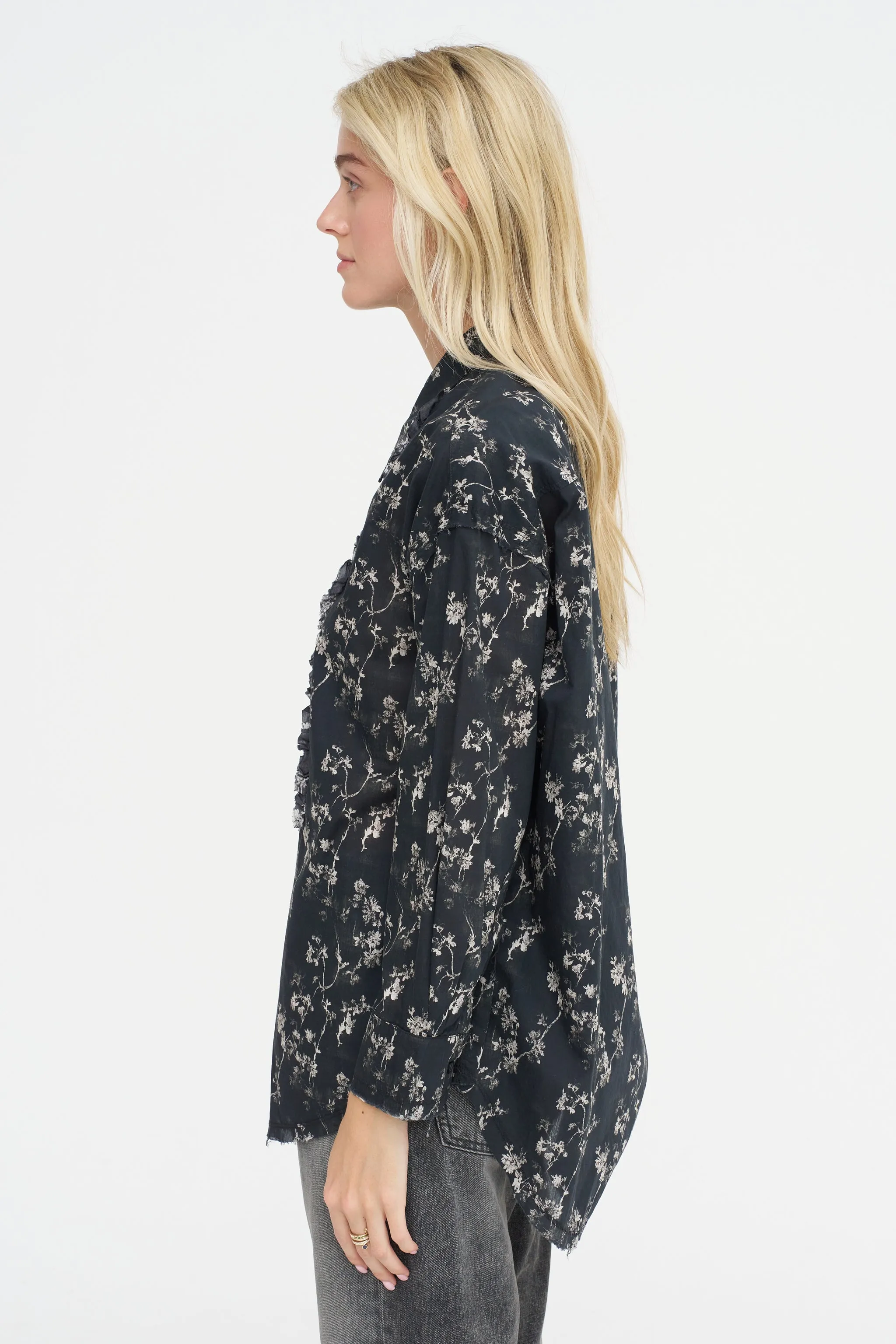 Shredded Seam Ruffle Shirt, Floral on Black sold by Kick Pleat product image thumbnail 4